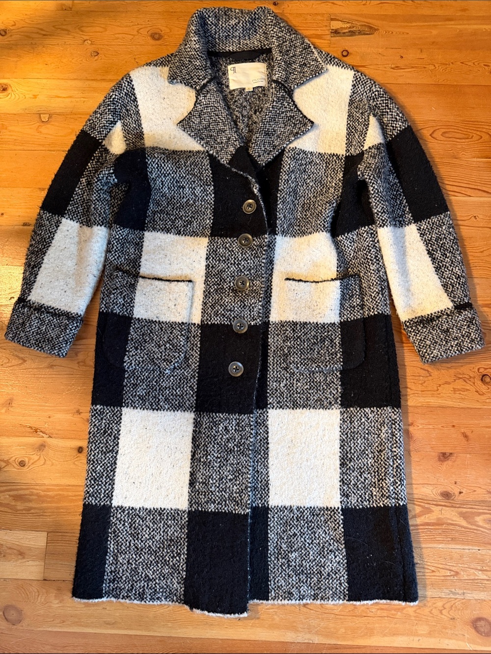 Anthropologie Pilcro Black & Cream Oversized Plaid Long Sweater Trench Coat